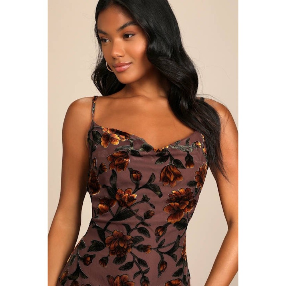 Lulus Romance Brown Burnout Velvet Floral Cowl Neck Maxi Dress Slit Gown size S - Picture 3 of 15